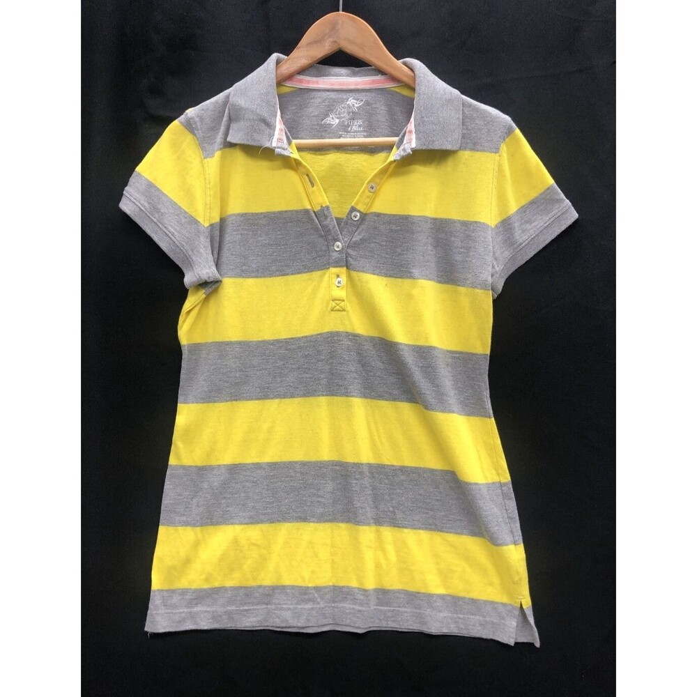 Piper & Blue Youth Womens Top Large Gray Yellow Striped Polo Rugby Preppy 3/4
